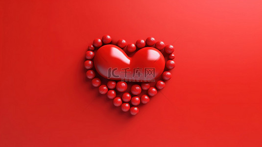 简约概念红色背景3D渲染上充满活力的红色心形糖果