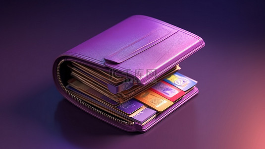 3D 渲染的薰衣草钱包里装满银行卡和现金的插图是聪明储蓄习惯的象征