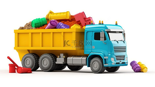 彩色自卸卡车和起重机玩具在 3D 插图中设置在白色隔离背景下