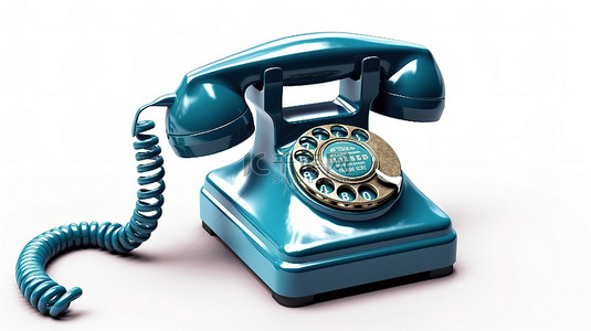 拨号的电话背景图片_复古蓝色拨号电话设置在 3D 渲染的干净白色背景下
