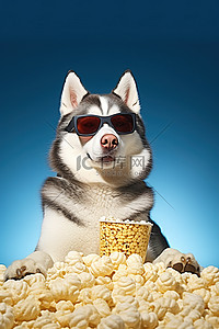 小狗小狗背景图片_戴眼镜的哈士奇狗吃爆米花和吃狗形玉米