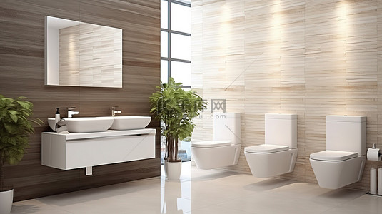 现代浴室设计，配有引人注目的斑马条纹瓷砖和马桶坐浴盆组合 3D 渲染