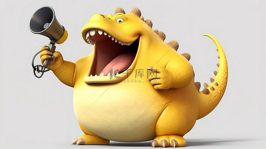 有趣的 3D 肥胖恐龙使用扩音器并拿着香蕉