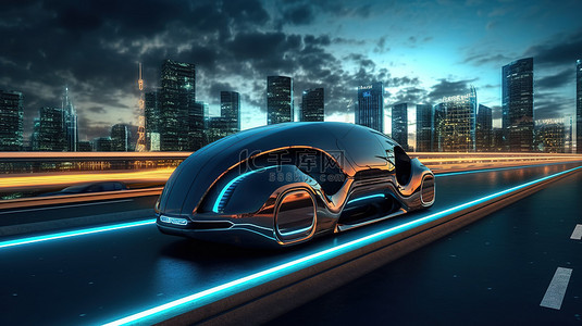 城市虚拟宇宙中未来高速公路汽车的 3D 渲染
