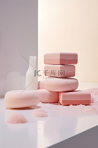 浴室背景图片_白色瓷砖地板上的海绵和肥皂，带有粉色泡沫