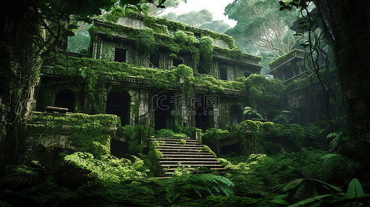 神秘绿色背景图片_神秘的废墟一座神秘的寺庙隐藏在茂密的丛林树叶 3d 渲染中