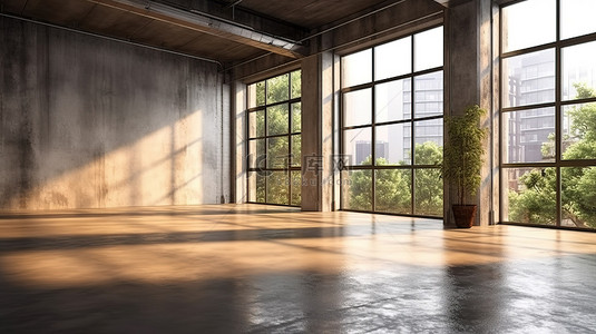 内部大空间背景图片_工业阁楼风格阳光明媚的空旷空间，配有混凝土地板和大窗户 3D 渲染的房地产概念