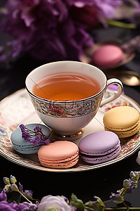 红茶茶背景图片_红茶马卡龙茶杯和杏仁饼