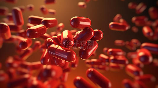 药用胶囊层叠在医疗保健和医疗 3D 渲染背景上
