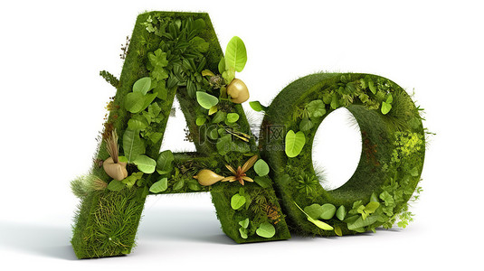 充满活力的 3d 字母“a”与新鲜的绿色植物叶子