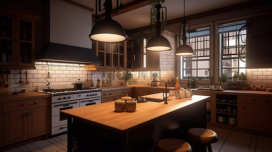 美丽的厨房，3D 渲染中带有温暖的金色光芒