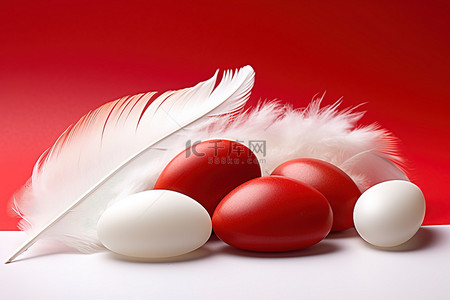 白色的球坐在红色的羽毛中