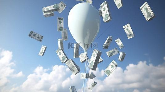 通过 3D 渲染用美元符号将硬币带入天空可视化气球膨胀的概念
