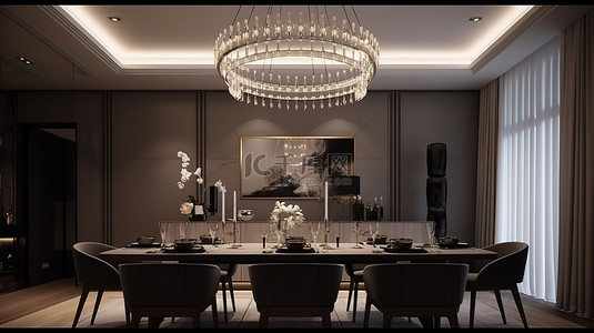 吊灯餐厅背景图片_精致而华丽的餐厅，配有优雅的 3D 吊灯