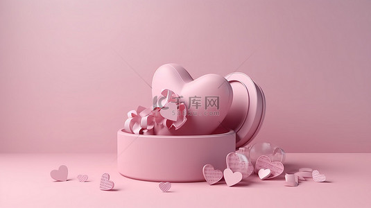 3D 渲染中的粉红色心形礼物图标，用于白色背景上的模拟和网页横幅