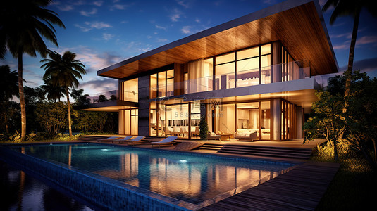现代奢华背景墙背景图片_现代奢华热带住宅的 3D 概念设计