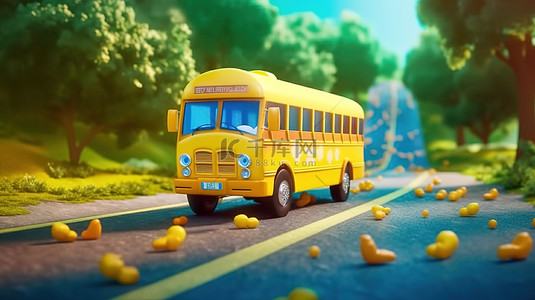 一辆校车在路上行驶的可爱 3D 渲染