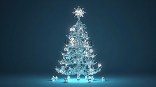 蓝色冬季仙境 3D 渲染雪花装饰的圣诞树