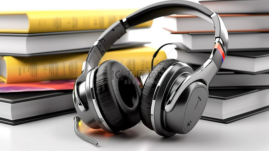 想象一本带有黑色无线耳机和 3D 渲染书籍的白色背景的有声读物
