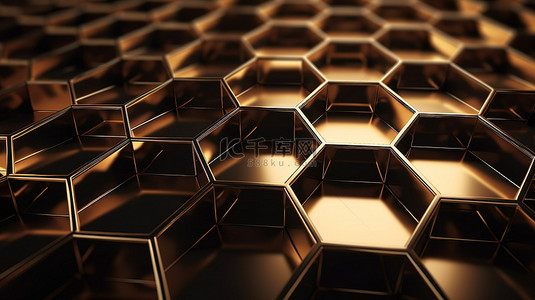 虚拟空间中的金色六边形几何表面 3D 渲染