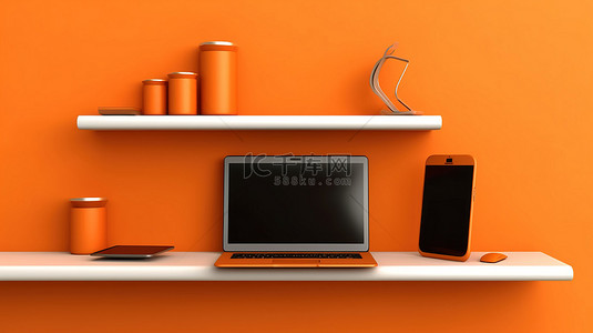 充满活力的橙色墙架上显示的数字设备笔记本电脑手机和平板电脑 3D 插图