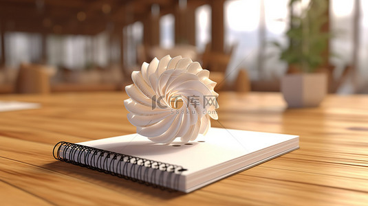 木质桌面背景模拟 3D 渲染上空白白色螺旋笔记本的详细视图
