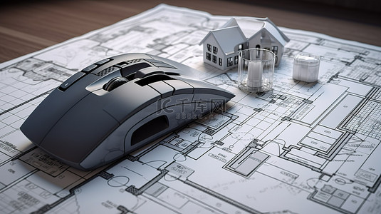 发展蓝图背景图片_数字蓝图导航 3D 住宅建筑模型和电脑鼠标