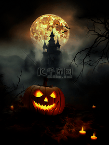 恐怖的城堡背景图片_南瓜灯城堡月亮万圣节节日夜晚广告背景