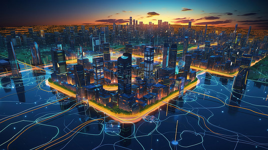 板背景图片_日落时未来城市智能电网可再生能源解决方案的 3D 渲染