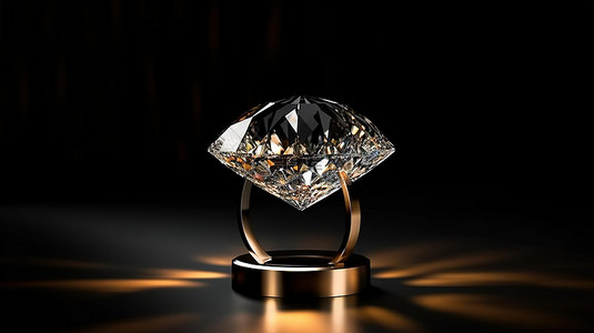 闪闪发光的钻石装饰在金色展台上，在黑色背景 3D 渲染下照亮