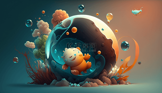 插画小动物背景图片_可爱的小动物水晶球泡泡自然背景游戏背景