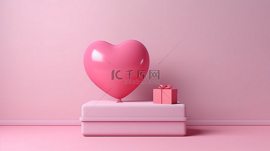 心形气球粉色背景图片_情人节概念设计的 3D 渲染，在空粉色讲台上配有爱情气球和礼品盒