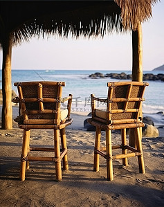 酒吧椅子背景图片_海滩附近有两个带椅子的藤条酒吧