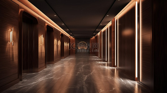 酒店走廊散发着现代奢华气息，采用木材和瓷砖的 3D 渲染