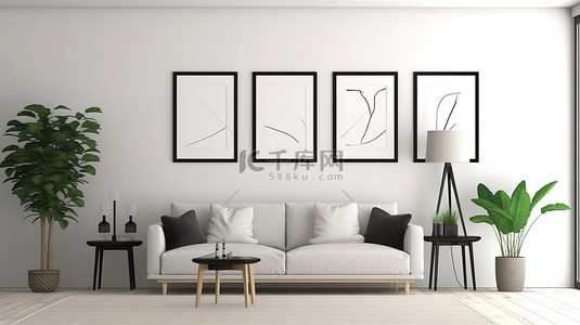 时尚的客厅配有舒适的沙发和优雅的 3D 海报框架
