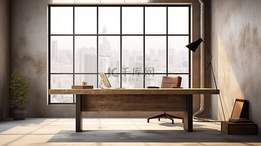 简约家具风格背景图片_3D 渲染别致的阁楼风格办公室，配有简约的木桌混凝土地板和框架窗户