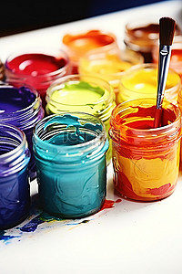 油画刷子背景图片_用刷子在罐子里涂上各种颜色的油漆