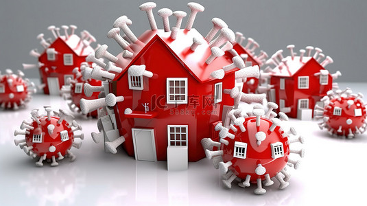 感染病毒的房屋的 3D 红色和白色渲染