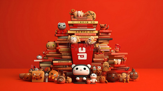 充满活力的红色 3D 图形中迷人的日语词汇和文学