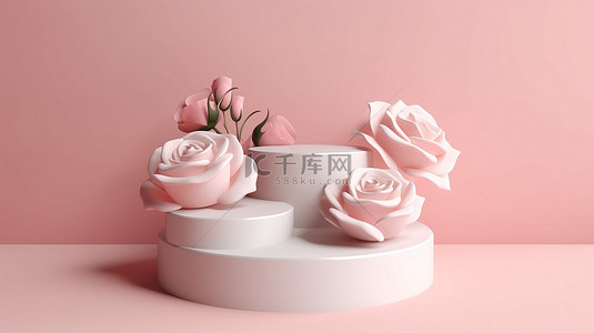 迷人的 3D 讲台，白色和粉色背景上有一朵精致的玫瑰花，非常适合女性复制空间模板