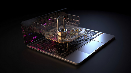 数字保护笔记本电脑和挂锁象征着 3D 渲染中的互联网安全