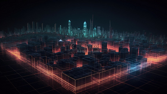 夜间城市景观，3D 渲染中霓虹灯线框地面