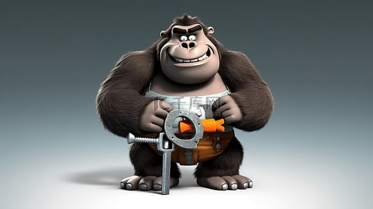 扳手背景图片_有趣的 3D 肥胖大猩猩，手里拿着扳手