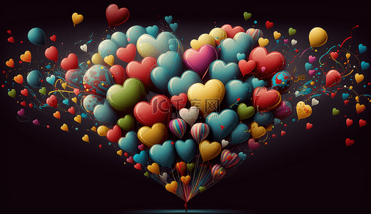 红色爱心装饰背景图片_气球束爱心缤纷美丽