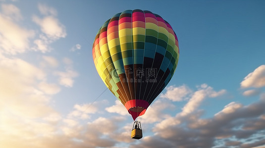 充满活力的热气球在 3d 天空中飞行，插图以白色红色蓝色绿色和黄色为特色