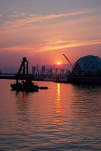 太阳落在水面上，背景是小船