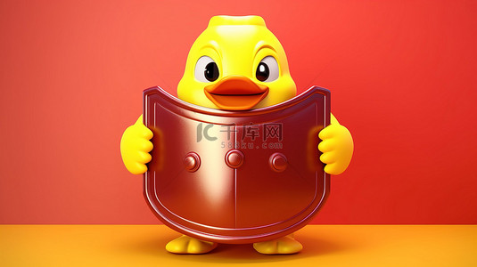 黄色卡通人物鸭吉祥物的 3D 渲染，黄色背景上装饰着红色金属盾