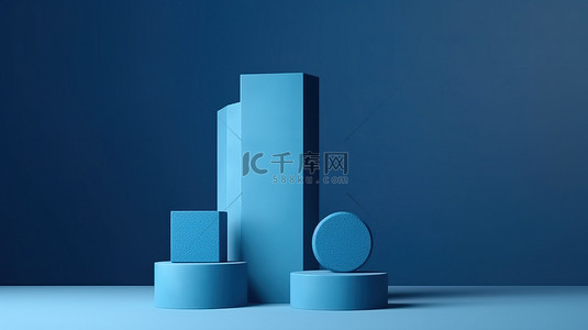 3D 渲染讲台，具有几何蓝色形状，用于产品设计展示