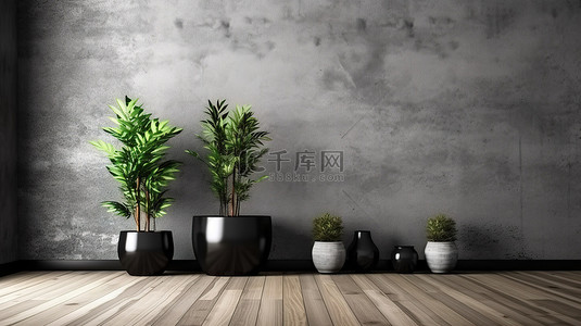 社会房间背景图片_简约的房间配有木地板和植物 3D 渲染的黑色和混凝土墙