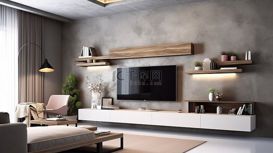 led时尚背景图片_时尚现代的客厅配有电视单元和架子，搭配时尚的混凝土灰色背景 3D 渲染